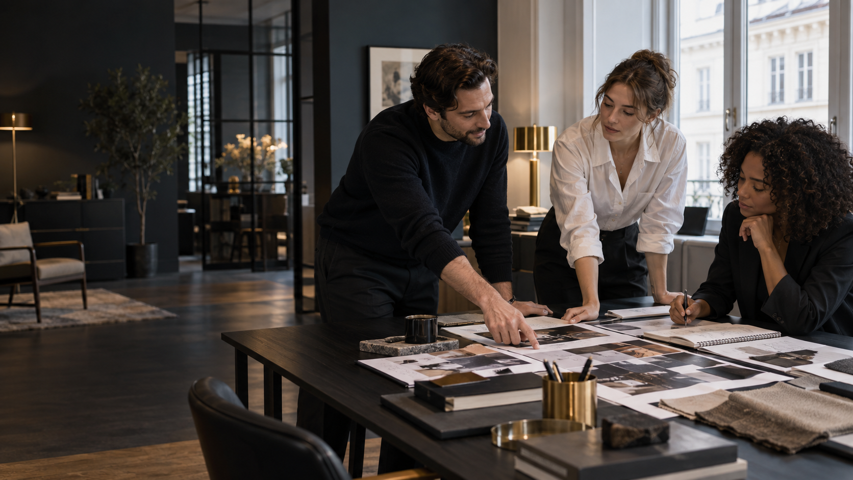 Drie professionals werken samen aan creatieve concepten en ontwerpen.