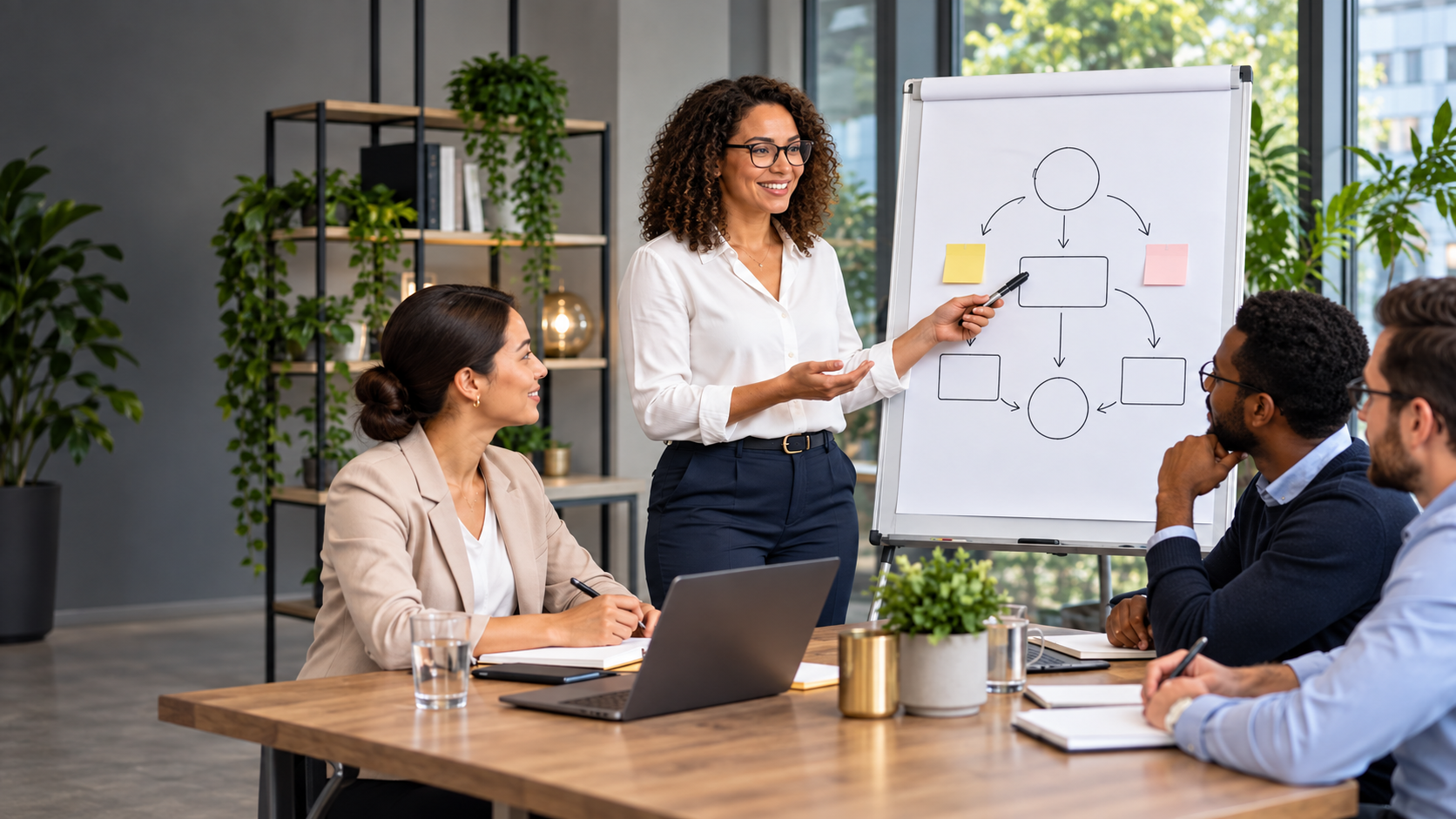 Vier professionals delen informatie rond een laptop en informatiebord in een moderne werkomgeving.