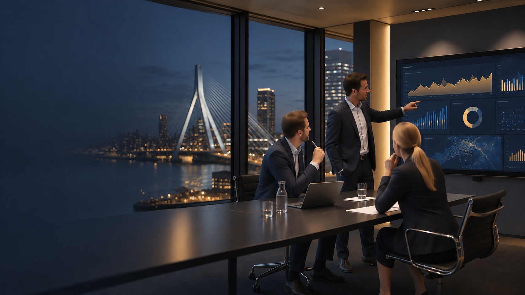 Managementteam bespreekt prioriteiten en stuurinformatie in een professionele werkomgeving.
