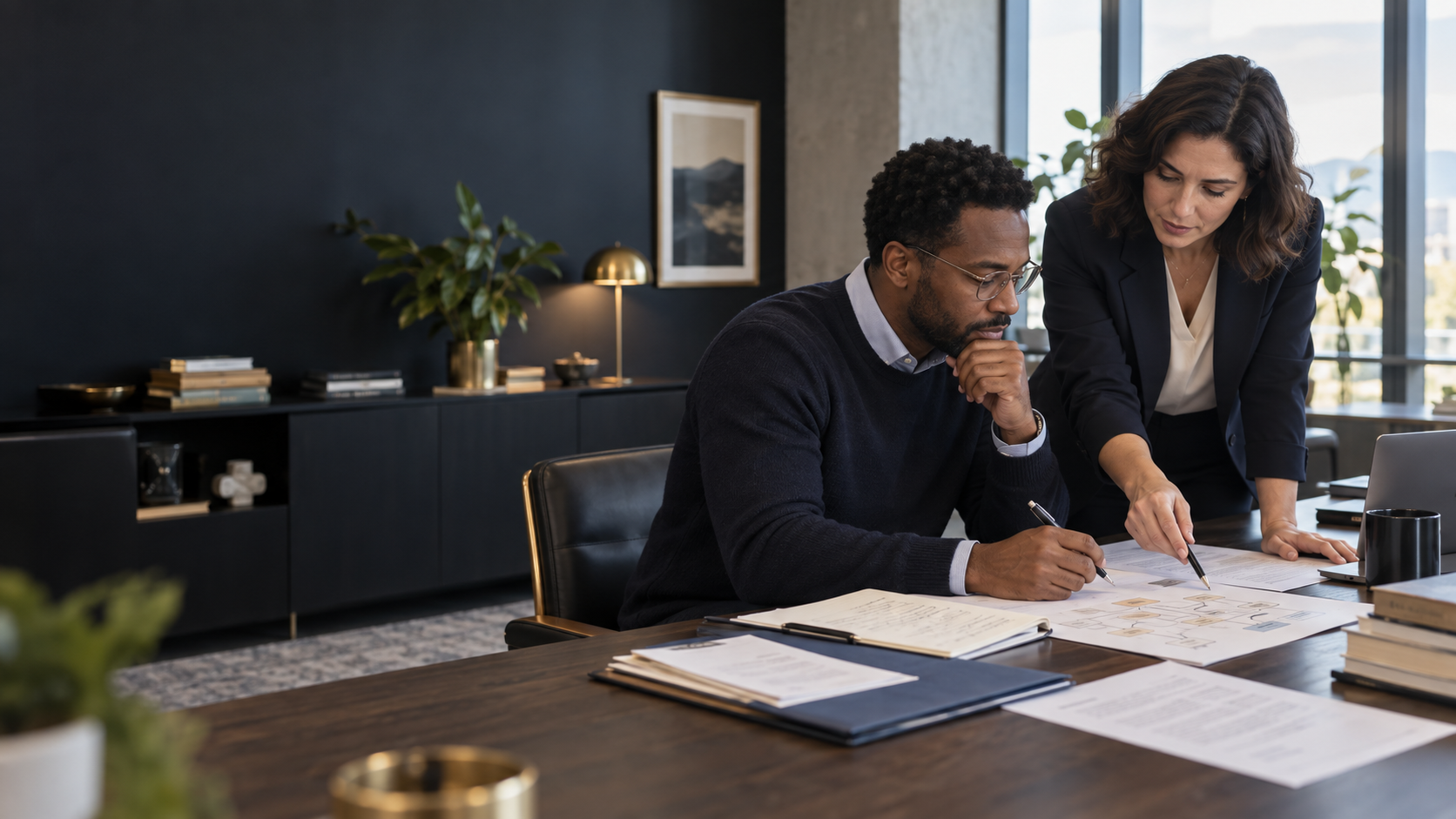 Twee professionals delen kennis en bespreken notities bij een laptop.
