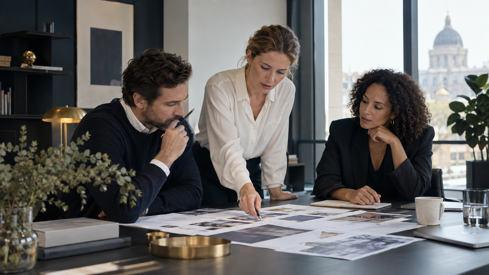 Drie professionals analyseren samen plannen en procesdocumenten.